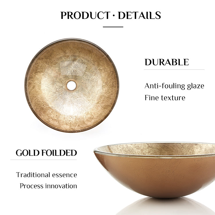 Fanwin Star Honeysuckle Series Round Tempered Deco Glass Vessel Bathroom Sink |Handicraft Vanity Countertop Sink Bowl with Pop Up Drain |FW-LA603