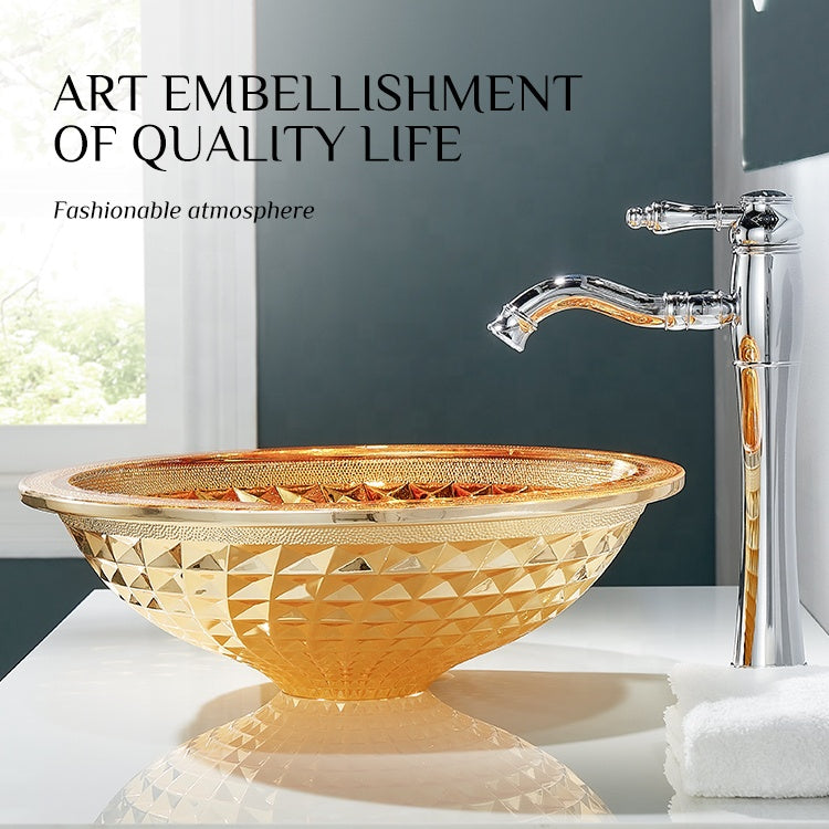 Sink Basin Bathroom Pedestal Vessel Faucets Tempered Glass Electroplating Orange CUPC Certification-Fanwin